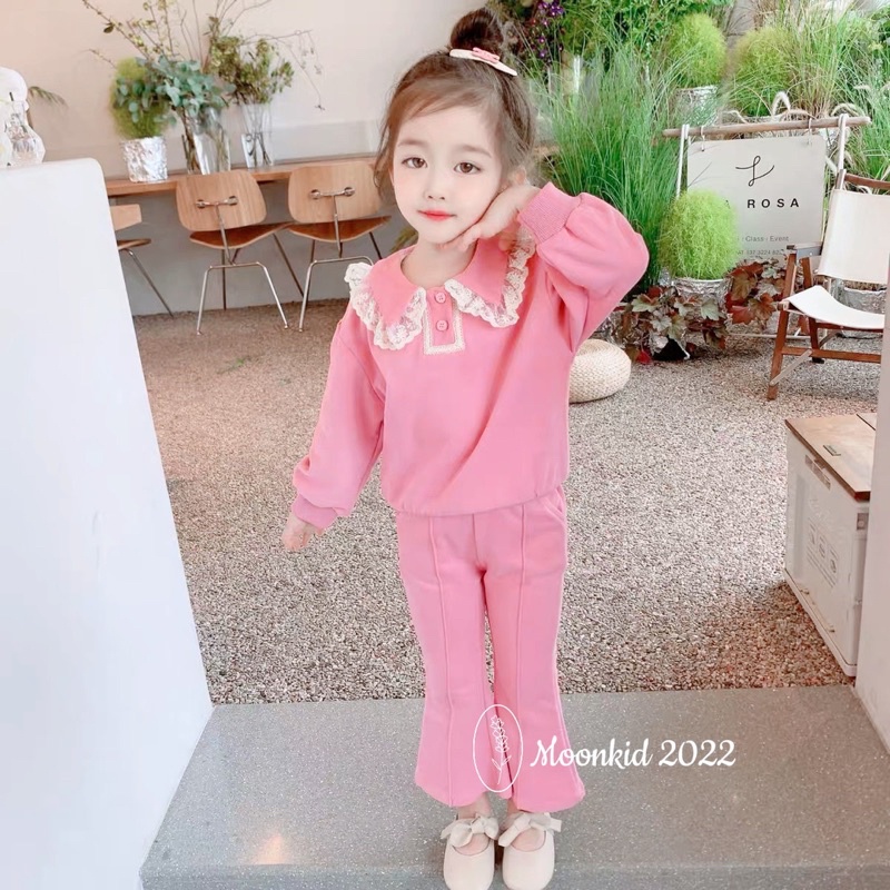 Set bộ quần áo da cá phối cổ ren cho bé gái