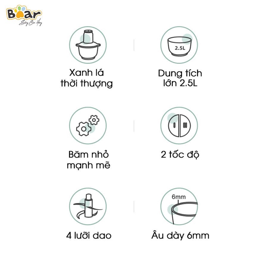 Máy Xay Thịt Bear 2.5L Đa Năng Xay Tỏi Ớt, Xay Đồ Ăn Dặm Cho Bé Động Cơ Mạnh Mẽ