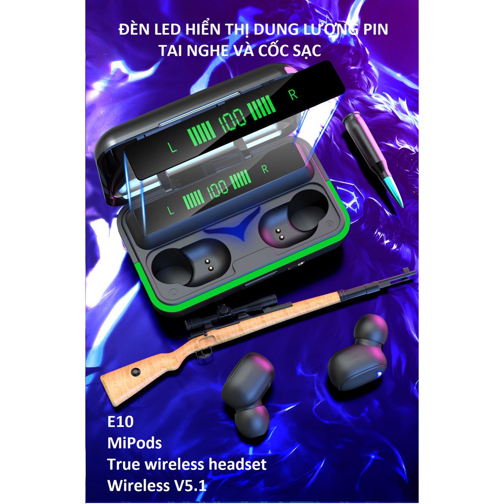 Tai  nghe Bluetooth E10 MiPods V5.1 kết nối tự động 2 tai âm thanh vòm 8D Hifi, tai nghe game