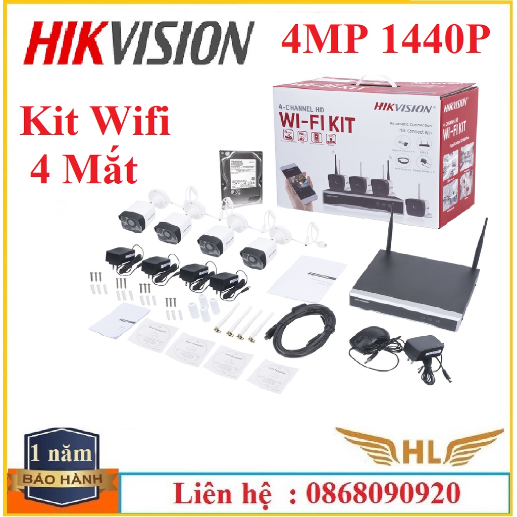 Bộ Camera Wifi 4 Mắt Bộ KIT Hikvision NK42W0 4 Mắt Siêu Nét 4Mp 1440P,Full HD 1080P Thân Ngoài Trời -Hàng Chính Hãng