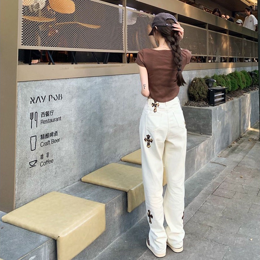 2023 Quần jean ống rộng thẳng lưng cao hoạ tiết thánh giá phong cách đường phố mùa thu cho nữ