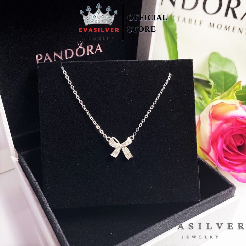 Dây chuyền bạc nữ Evasilver mặt hình nơ gắn đá, Vòng cổ chất liệu bạc thật, sang trọng nữ tính