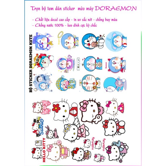 Bộ sticker tem dán hello kitty doraemon kute dán mũ nón laptop xe máy điện thoại cao cấp