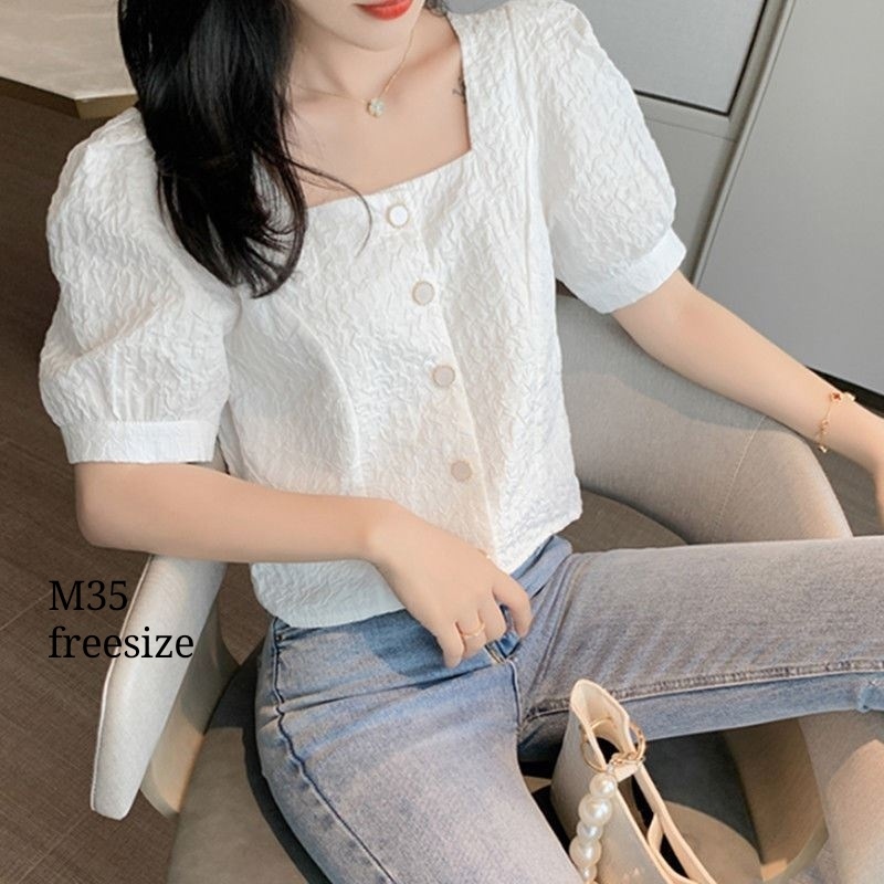 ÁO ĐIỆU CROPTOP TAY BỒNG VẢI GẤM HOA SIÊU XINH M35