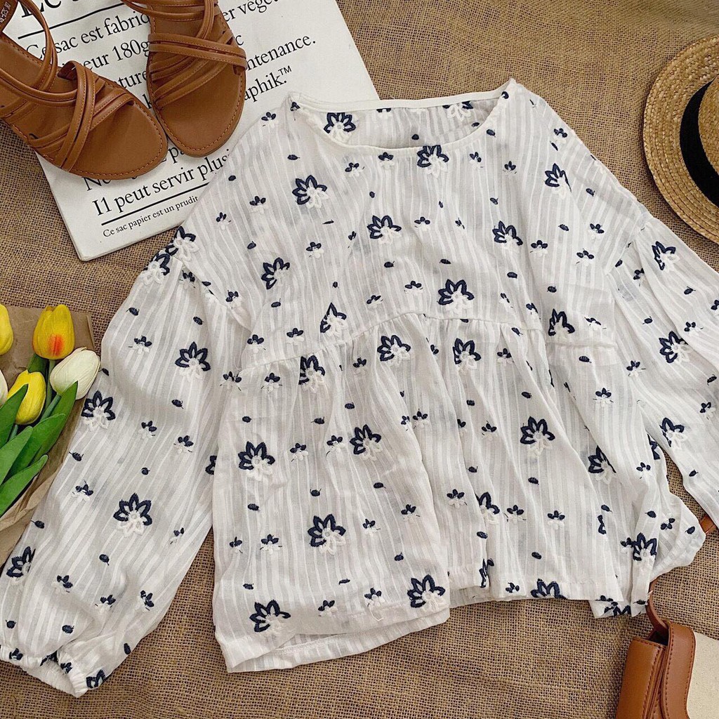 Áo babydoll tay dài bo vải xô thêu hoa xanh_Hàng cao cấp có sẵn_Ảnh thật