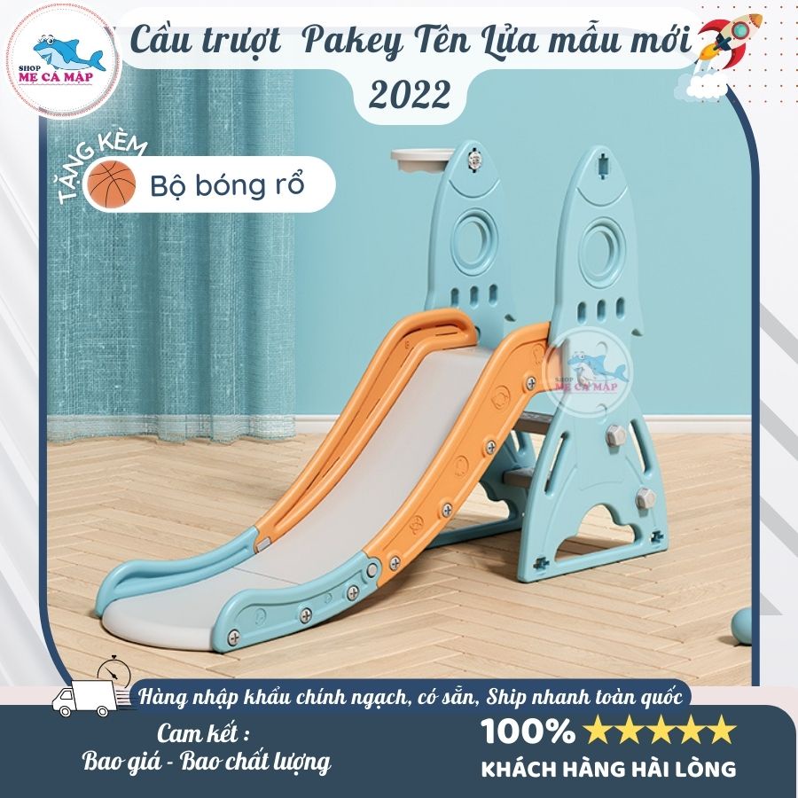 Cầu trượt cho bé PAKEY hình TênLửa TẶNG KÈM Bóng Rổ, cầu tuột cho bé nhựa nguyên sinh HDPE an toàn