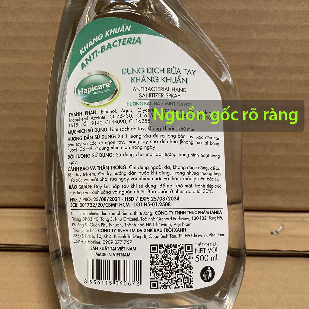 Nước Rửa Tay Khô Kháng Khuẩn Hapicare Chai 500ML