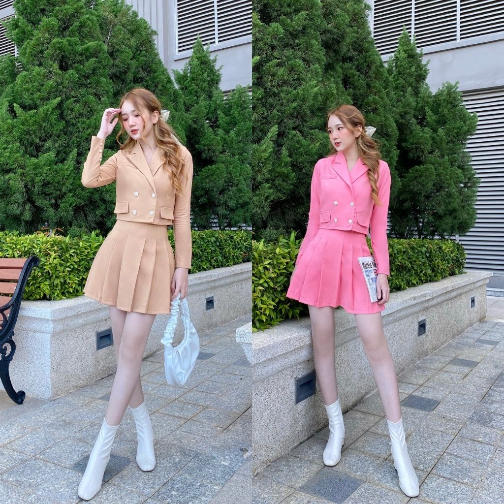 Set váy áo croptop, set vest chân váy, set tiểu thư chân váy xếp ly xinh phong cách Hàn