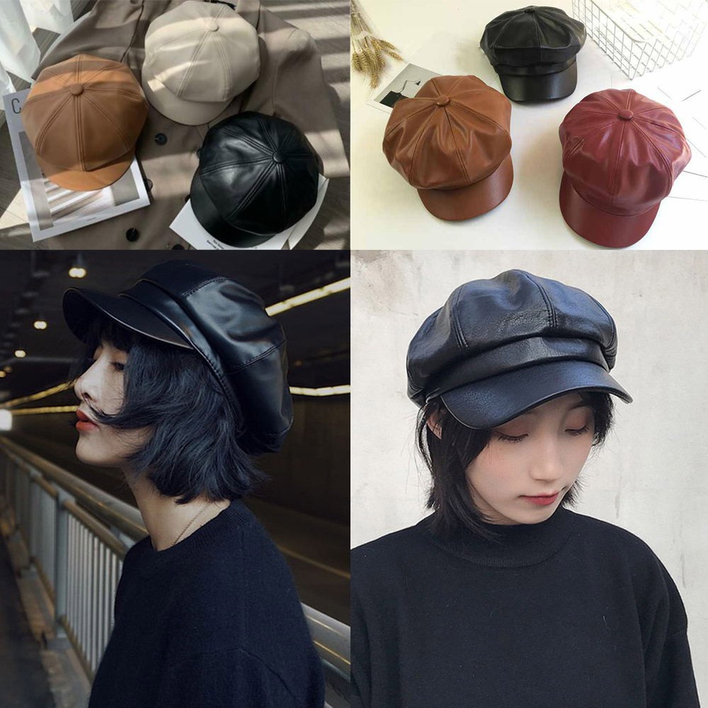 Mũ nồi bằng da pu màu trơn thời trang thu đông cho nữ