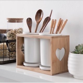Ống đựng đũa bằng sứ khung gỗ, set ống đũa sứ decor bếp đẹp