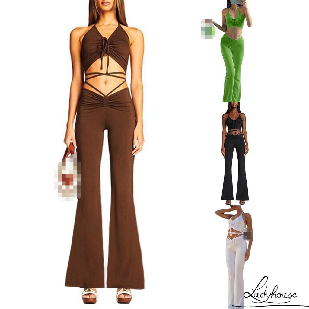 Bộ Trang Phục 2 Mảnh Gồm Áo Hai Dây Màu Trơn Và Quần Dài Lưng Cao Dành Cho Nữ 4 Màu Lựa Chọn