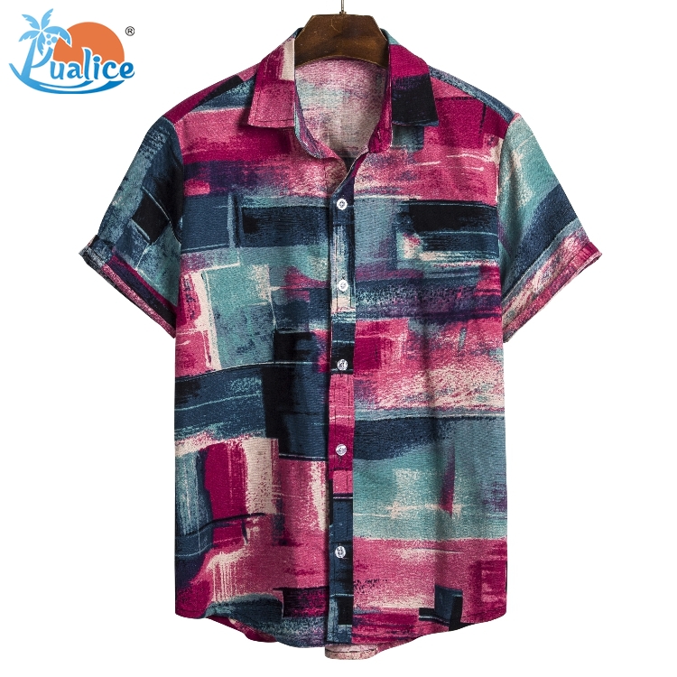 Hawaiian men's printed casual shirt loose retro striped shirt casual T-shirt