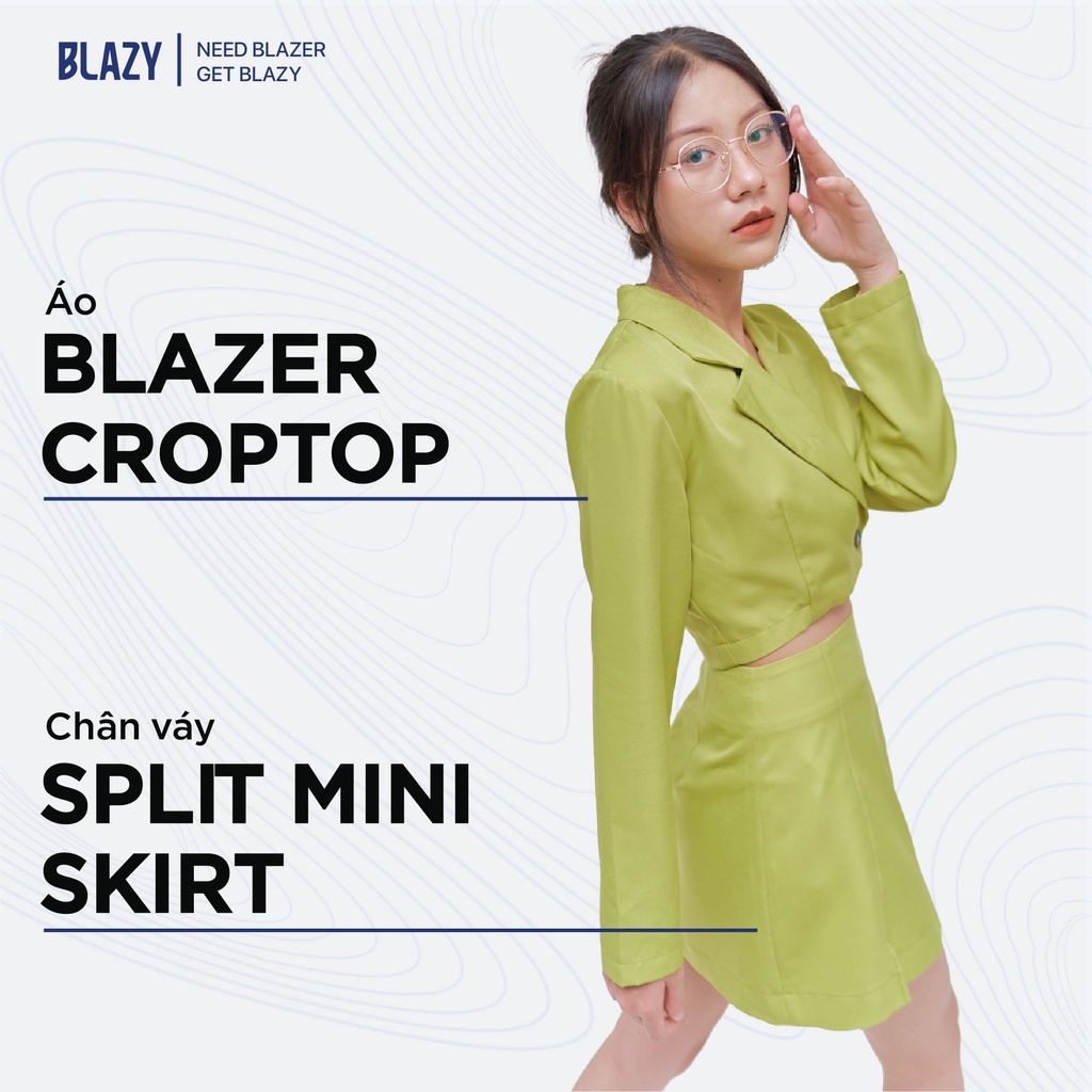 Set Áo Blazer Nữ Croptop Dài Tay Kèm Chân Váy BLAZY - Màu Đen/ Xanh Chất Kaki Dày Dặn, Chống Nhăn, Phong Cách Hàn Quốc