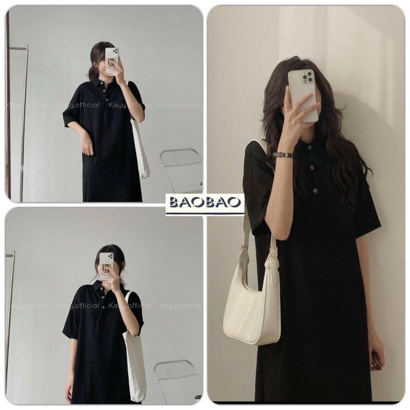 Váy Polo Cộc Tay Khuy Đồng Basic Nữ  - BaoBao.Clothing [FREESHIP] - Đầm midi form rộng dáng dài tay lỡ cổ bẻ màu đen