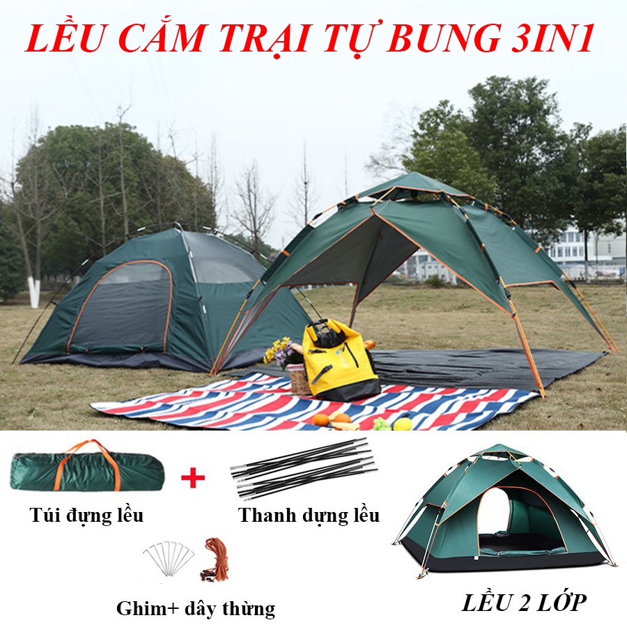 Lều Cắm Trại Du Lịch Dã Ngoại Tự Bung Chống Nước Chống Tia UV 3 Trong 1 Dành Cho 4-6 Người