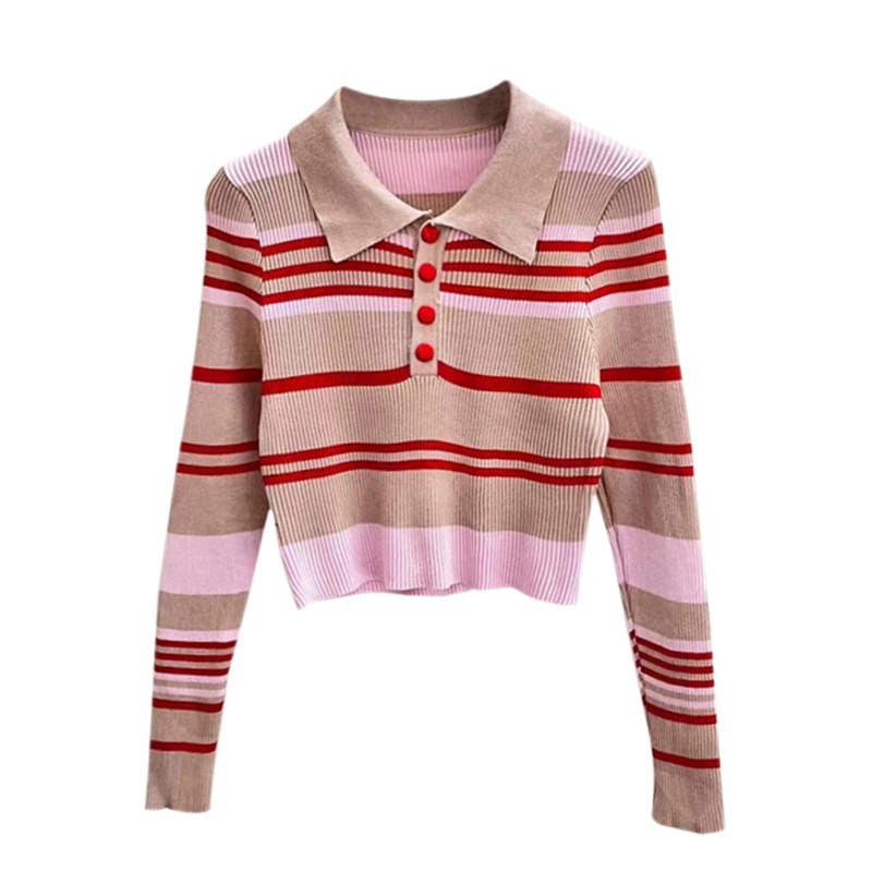 Áo Croptop Dệt Kim Tay Dài Dáng Ôm Họa Tiết Kẻ Sọc Phong Cách Hàn Quốc Thời Trang Cho Nữ