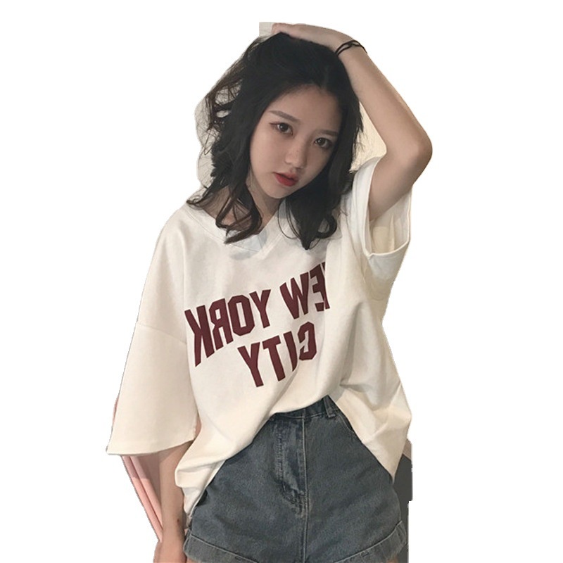 Áo Thun Form rộng Tay Ngắn Cổ Chữ V In Chữ Thời Trang Mùa Hè Mới 2022