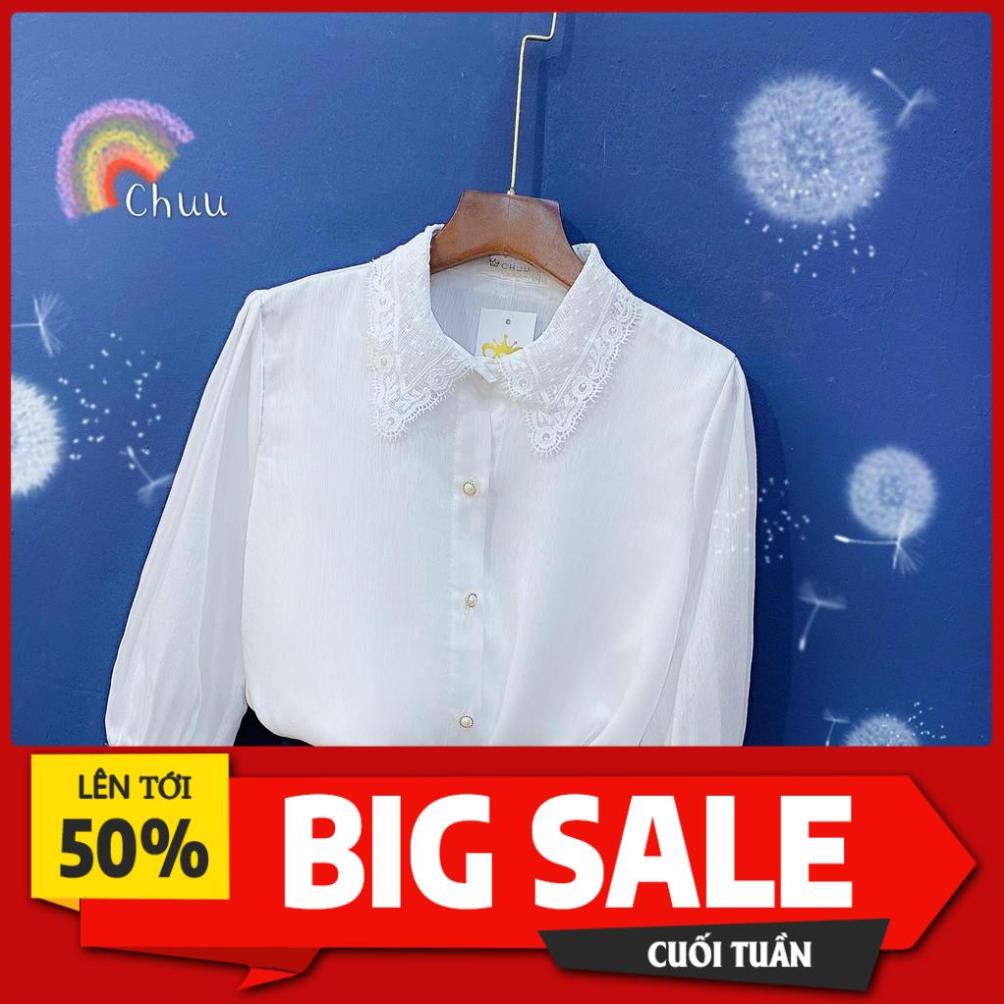 Áo sơ mi nữ trắng cổ ren tay lửng pijama CHUU A5354 *