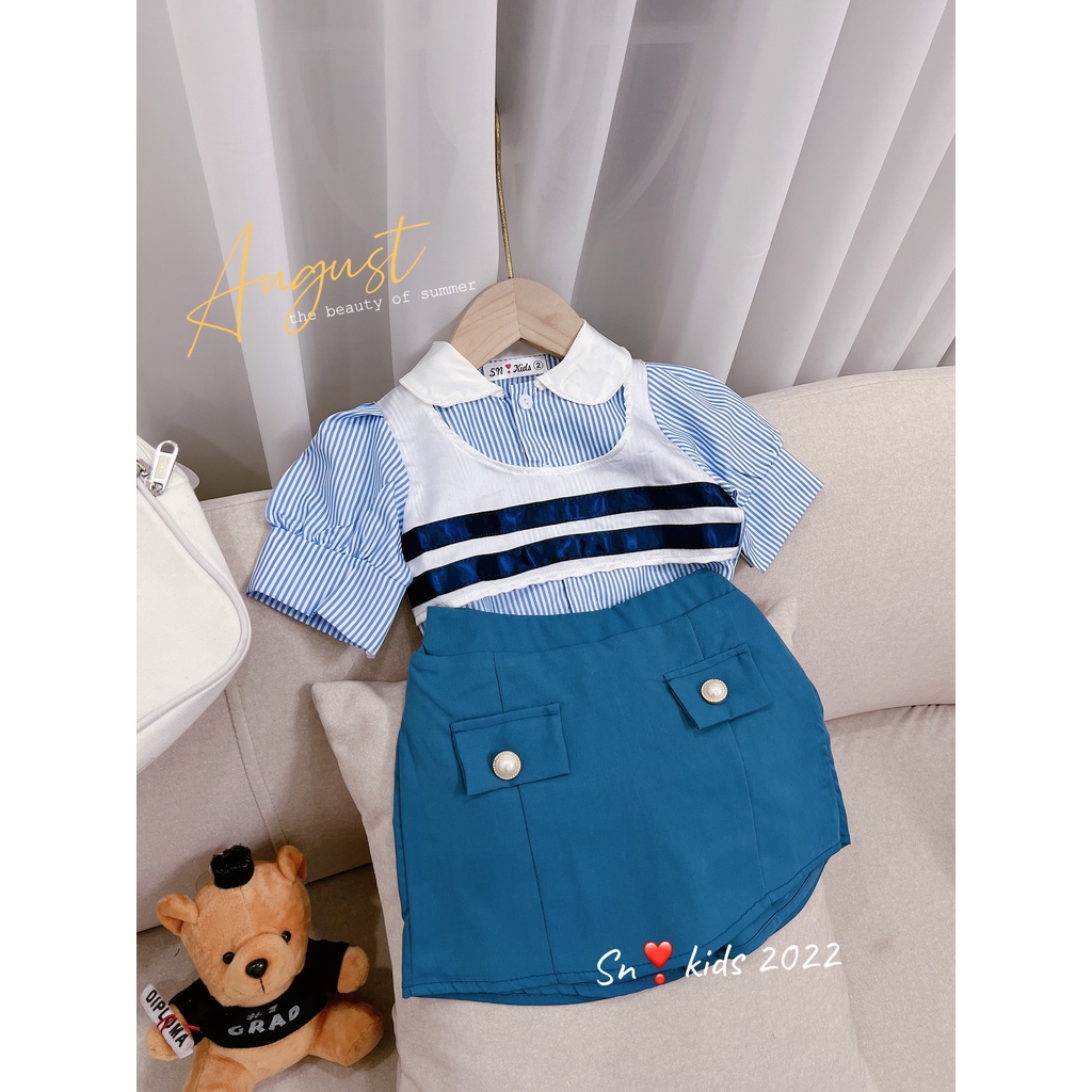 Set váy xanh phối kiểu lạ mắt bé gái