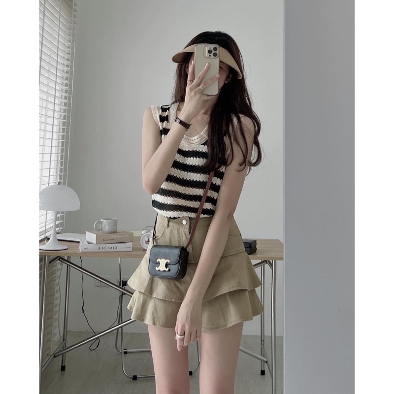 Áo thun len nữ Sọc ngang form rộng Thiết kế Hàn Quốc Áo phông len nữ không tay Cổ tròn Thu Đông Thời trang