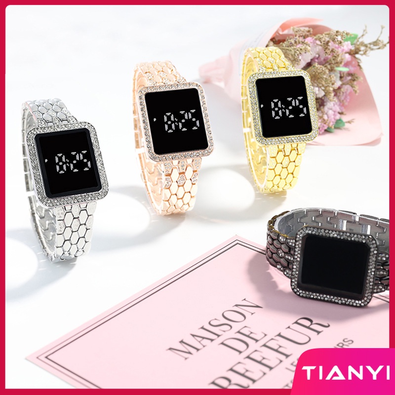 Đồng Hồ Đeo Tay Điện Tử Dây Thép Dát Kim Cương Mặt Vuông Đơn Giản Thời Trang Hàn Quốc Cho Nữ