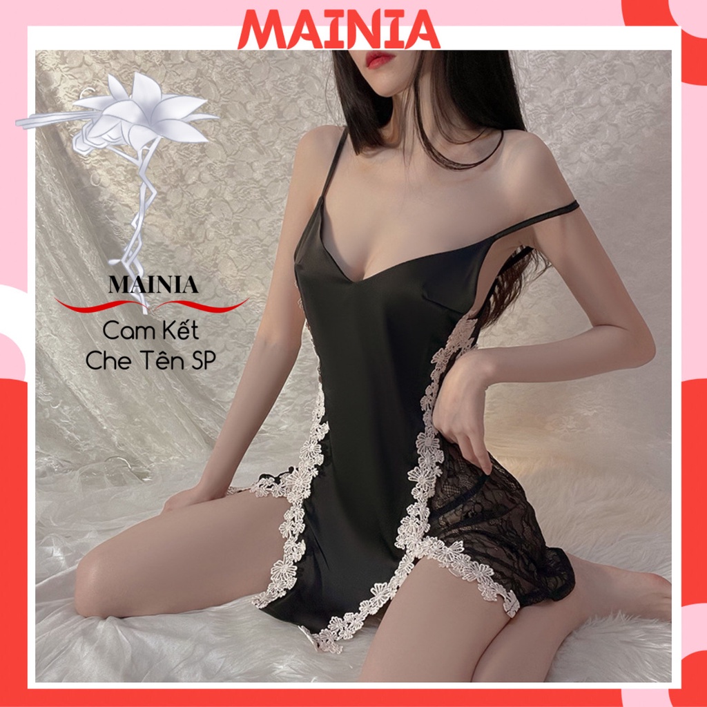 Váy Ngủ Đầm Ngủ Satin 2 Dây Phối Ren Xẻ Đùi Màu Đen Sexy Quyến Rũ Mainia Shop