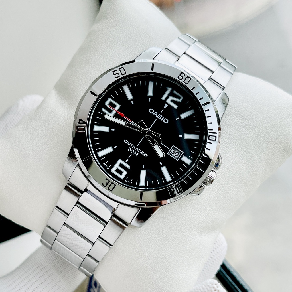 Đồng hồ nam dây thép Casio MTP VD01D-1E Mặt đen số hoc trò - Kính khoáng - Size 45mm Bảo hành 1 năm Hyma watch