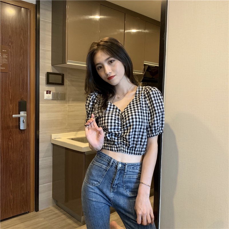 Áo sơ mi NZN tay phồng ôm dáng họa tiết sọc caro thời trang mùa hè dành cho nữ