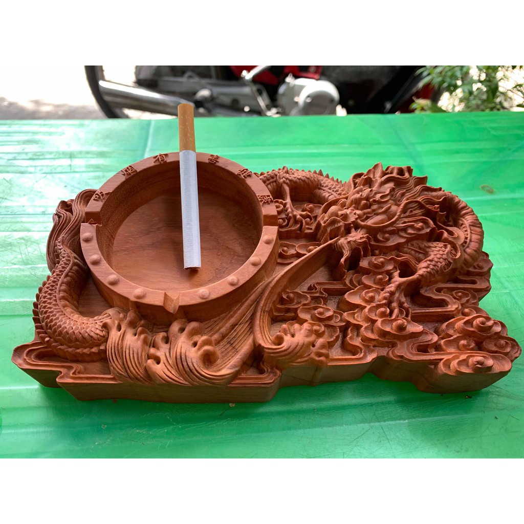 Gạt tàn nguyên khối gỗ Hương trạm khắc hình Rồng cao cấp