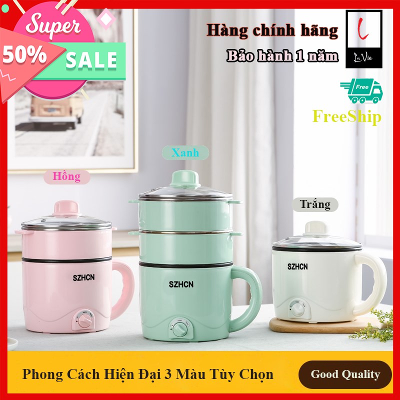 Nồi Điện Mini Đa Năng 2 Tầng Cao Cấp Có Lồng Hấp, Lòng Nồi Chống Dính Mặt Kính Cường Lực Tay Cầm Chống Bỏng Legend