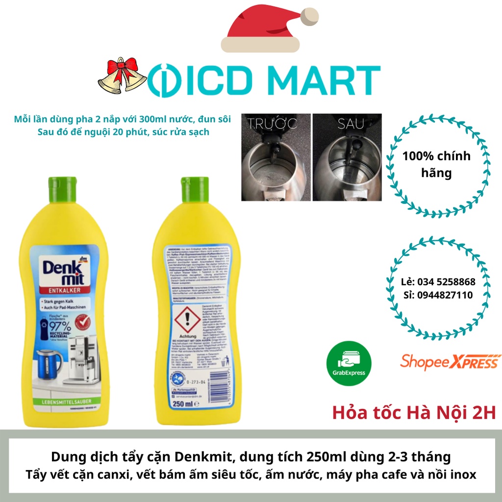 Dung dịch Denkmit tẩy khử cặn canxi, vôi trong ấm nước, bình siêu tốc, máy pha cà phê Entkalker 250ml