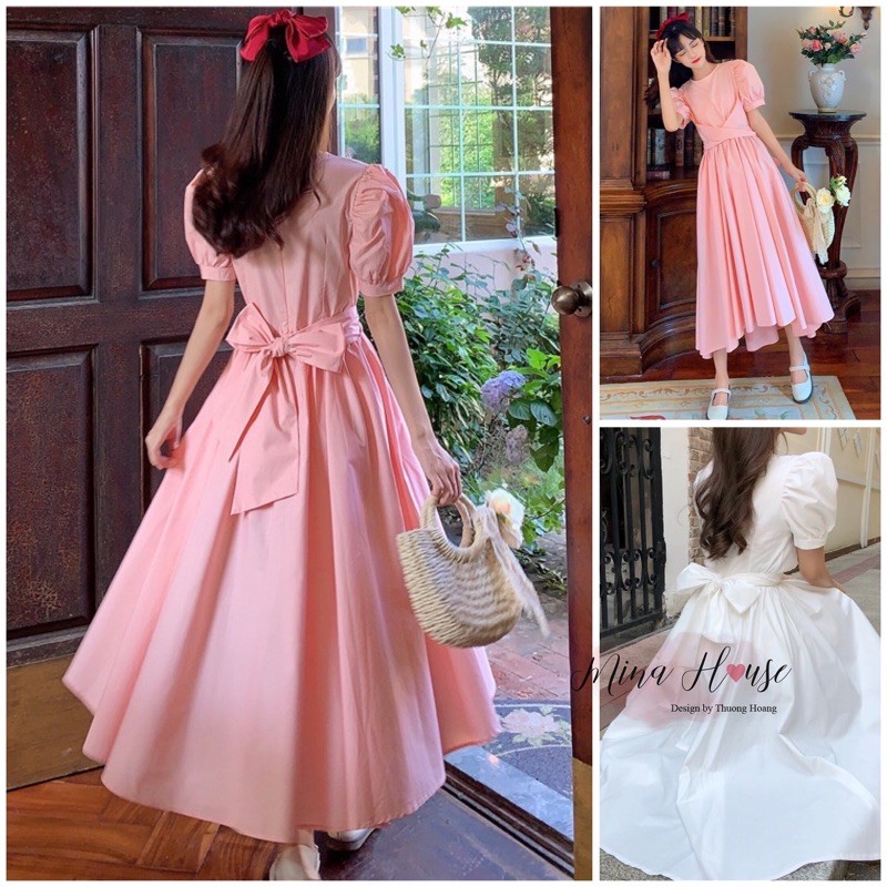 Váy trắng tiểu thư Ullzang dáng dài thắt nơ/ Váy du lịch