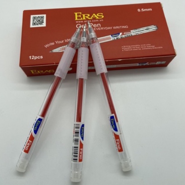 Hộp 12 Bút gel Eras E144 ngòi 0.5mm đỏ,xanh, đen