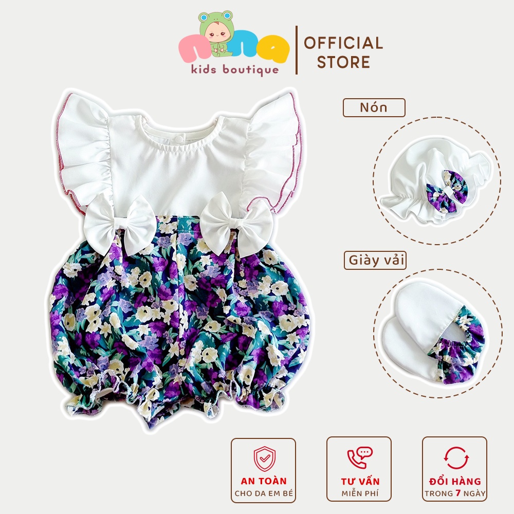 Body đùi cho bé sơ sinh 3 đến 13kg kèm mũ và giày vải - Chất lụa trắng phối hoa - Nina Kids Chuyên quà đầy tháng cho bé