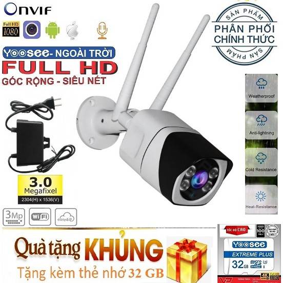 (Tặng thẻ nhớ 32GB), Camera Wifi yoosee S10 3.0 Mpx, Full HD siêu nét , XEM ĐÊM CÓ MÀU , chống nước ip67