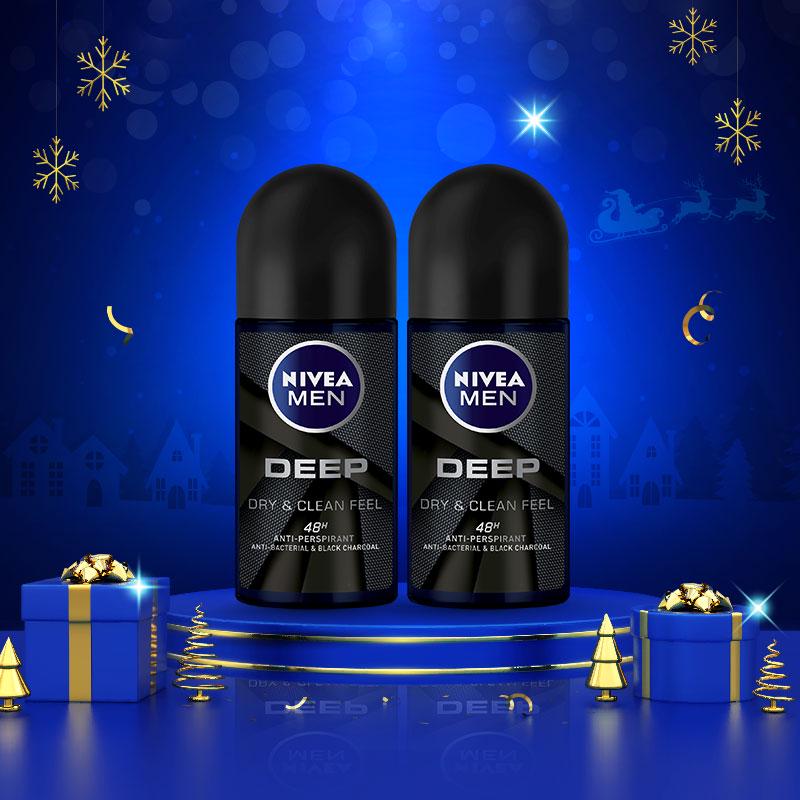 Bộ đôi Lăn ngăn mùi NIVEA MEN Deep than đen hoạt tính (50ml/chai) 80031