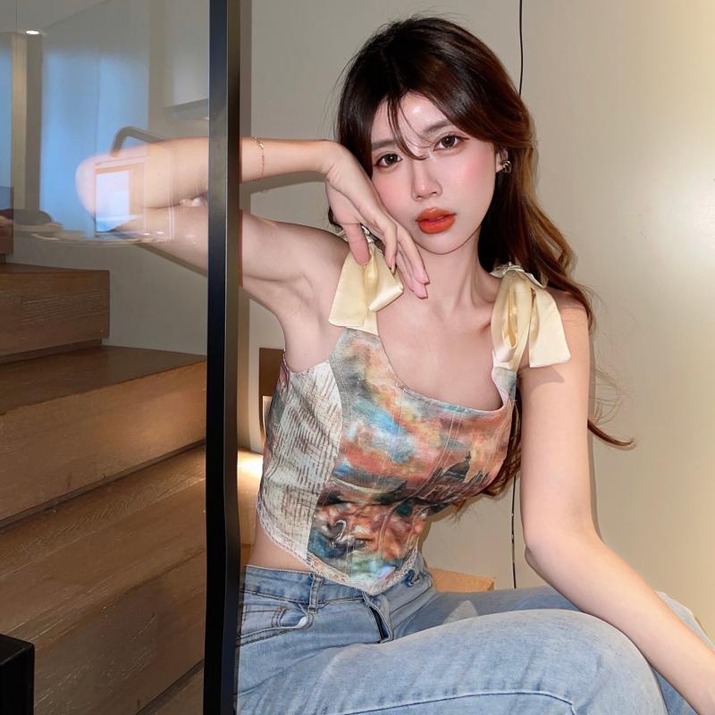 Áo Hai Dây In Họa Tiết Tranh Sơn Dầu Phong Cách Retro Thời Trang Cho Nữ