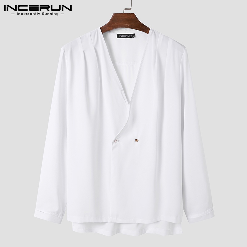 Áo sơ mi INCERUN tay dài cổ chữ V thời trang cho nam