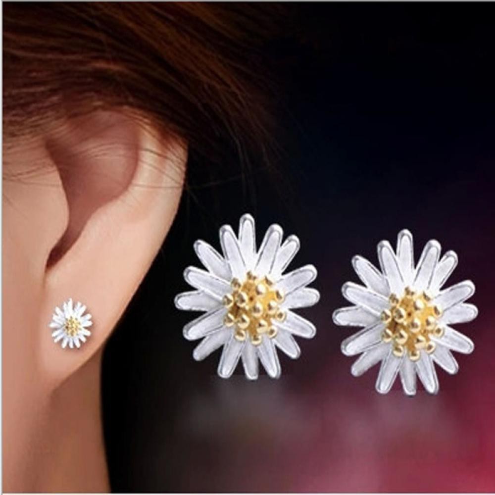 Khuyên tai dạng xỏ mạ bạc mặt hình hoa cúc cho nữ