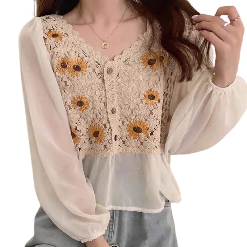 Áo Sơ Mi Tay Dài Phồng Thêu Hoa Phong Cách Pháp Ngọt Ngào Cho Nữ