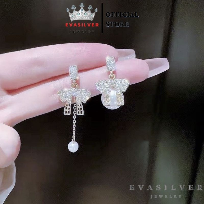 Bông tai hình nơ đính hạt trai, khuyên tai chất liệu bạc ta cao cấp - Trang sức bạc Evasilver