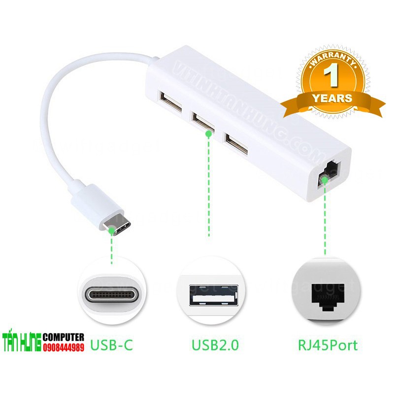 Cáp chuyển USB Type C to Lan+3 Hub USB Ugreen 20792