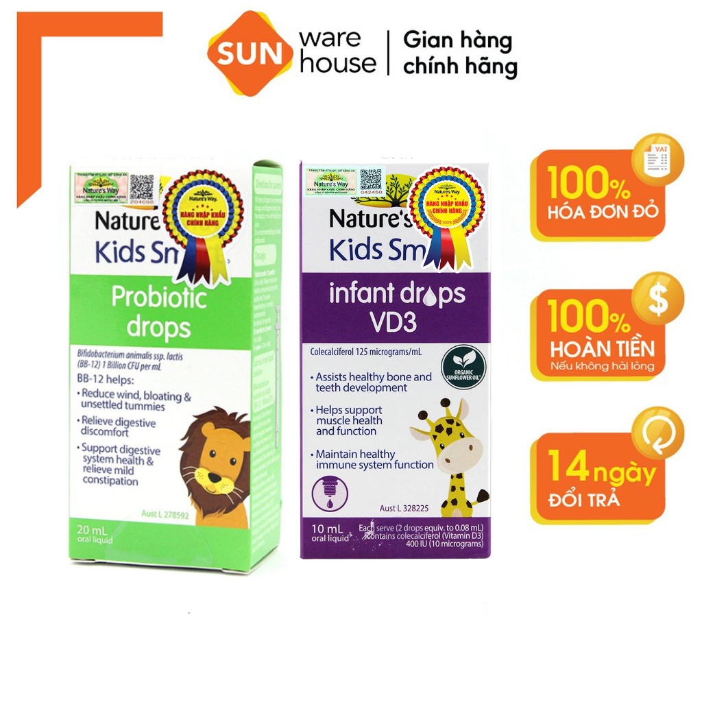 Combo Siro Uống Cho Bé Nature's Way Kids Smart Drops Probiotic Bổ Sung Men Vi Sinh 20ml, Siro Infant Drops VD3 10ml