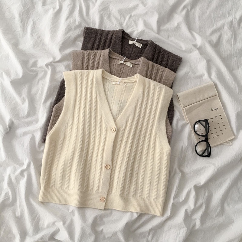 Áo Khoác Cardigan Không Tay Cổ Chữ V Màu Sắc Trơn Phong Cách Hàn Quốc Cho Nữ