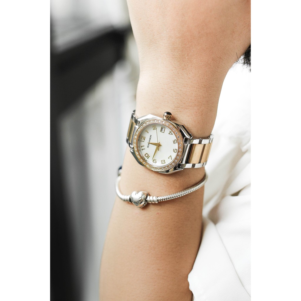 Đồng hồ Romanson Watch RM1208QLCWH nữ mặt khảm trai đính đá kính chống xước máy Thụy Sĩ chống nước dây thép chính hãng