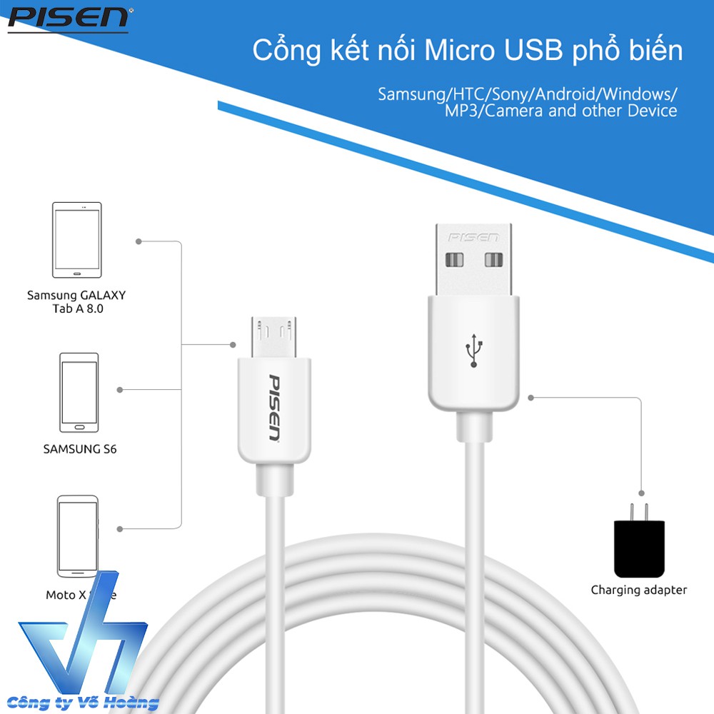 Cáp sạc Pisen MicroUSB dài 800mm chính hãng PISEN VIỆT NAM (Trắng)