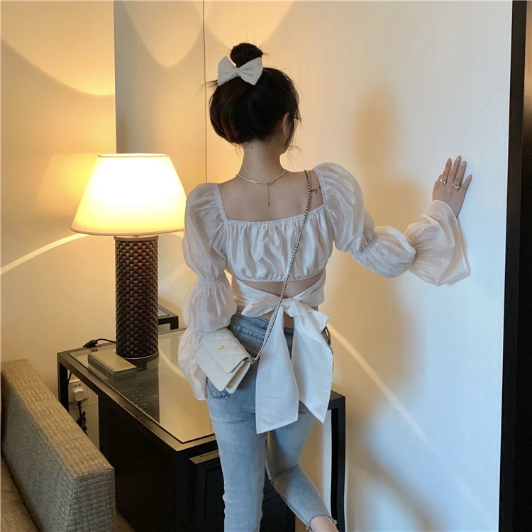 Áo kiểu COZOKC tay dài phối nơ thiết kế quyến rũ hợp thời trang