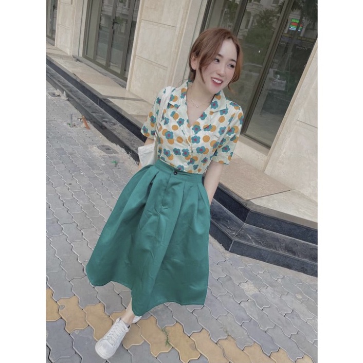 Set chân váy áo sơ mi cúc họa mi ngắn tay chân váy dài LT310 0322