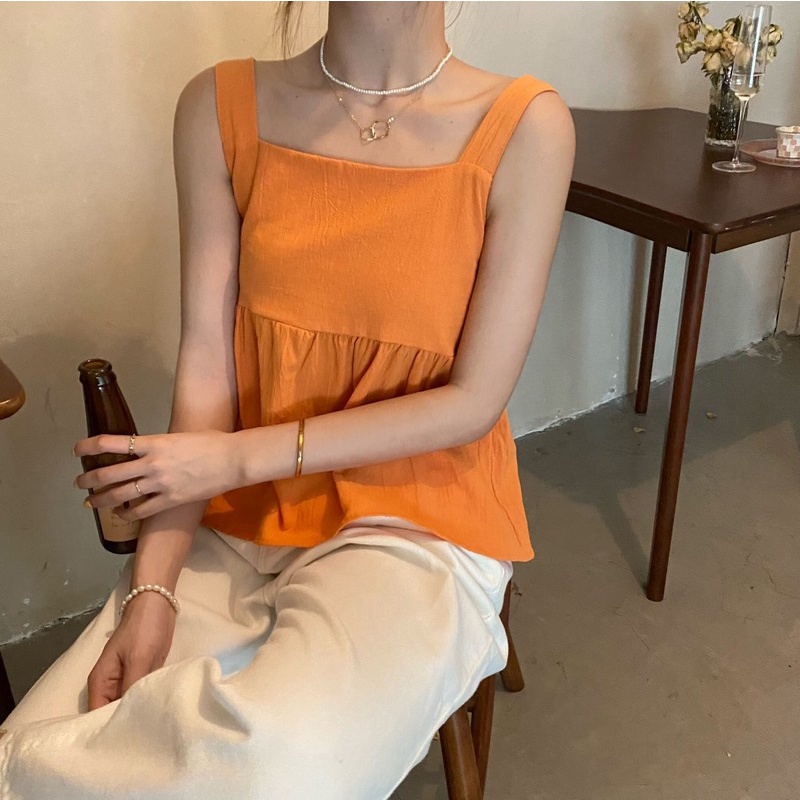 Áo Tank Top Sát Nách Cổ Vuông Dáng Rộng Màu Trơn Phối Dây Buộc Sau Lưng Kiểu Hàn Quốc Thời