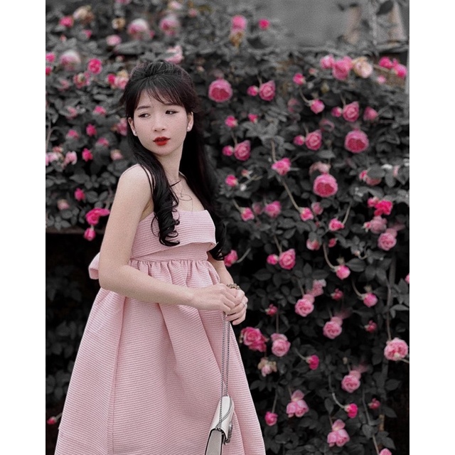 Đầm babydoll 2 dây nơ sau 2 lớp (HÀNG SẴN - HÌNH THẬT)